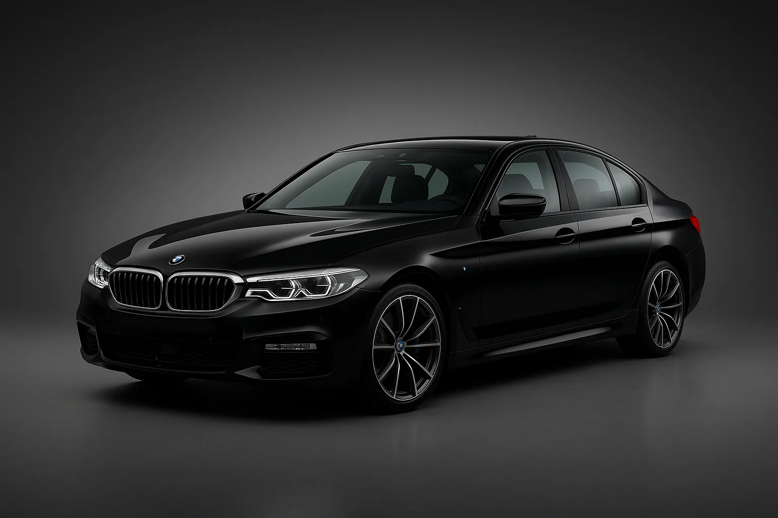 Black BMW 5 Series luxury sedan, studio-lit, premium look